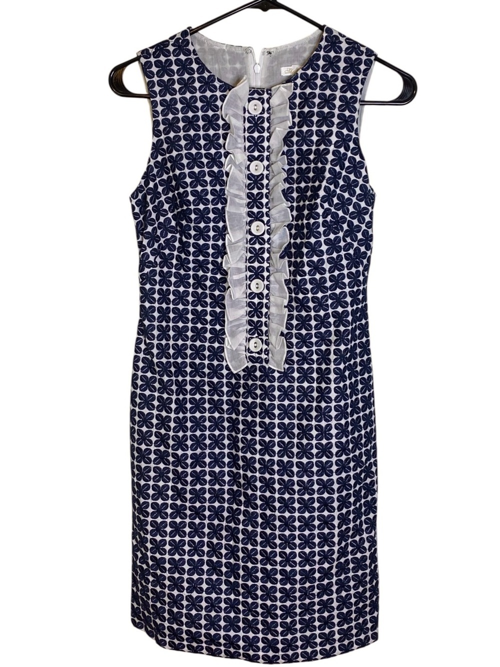 Shoshanna Anthropologie Y2K Sheath Dress Navy White Sleeveless Ruffles SZ 2